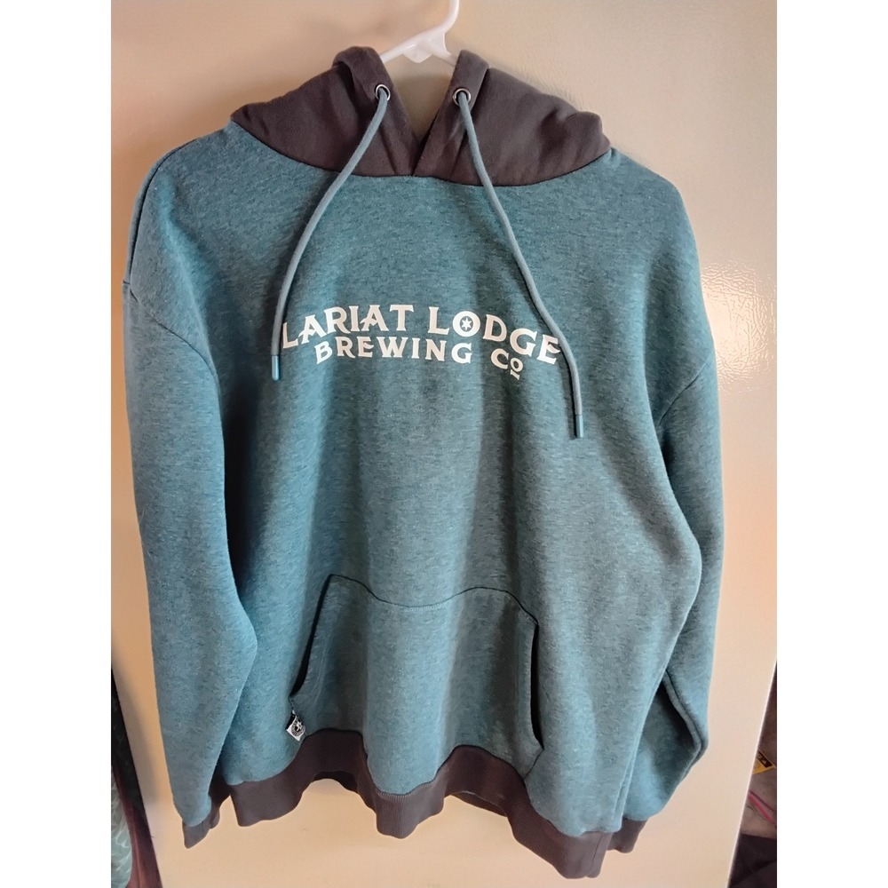 Lariat Lodge Brewing Co Hoodie Teal‎ Gray Thick Pullover Sweatshirt Mens Large